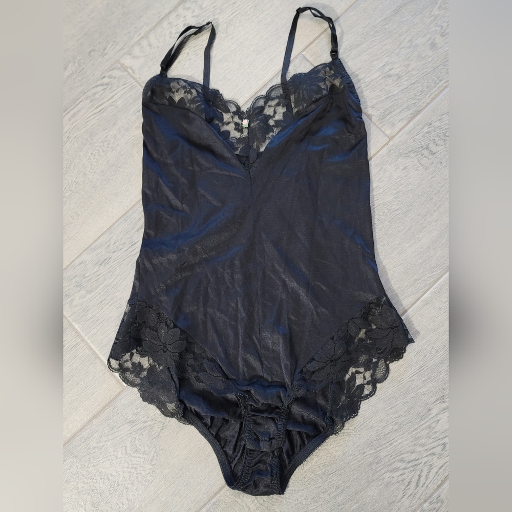 Vintage Black Teddy Bodysuit Lingerie Babydoll Lace Fortune Size M (Fits S/XS)